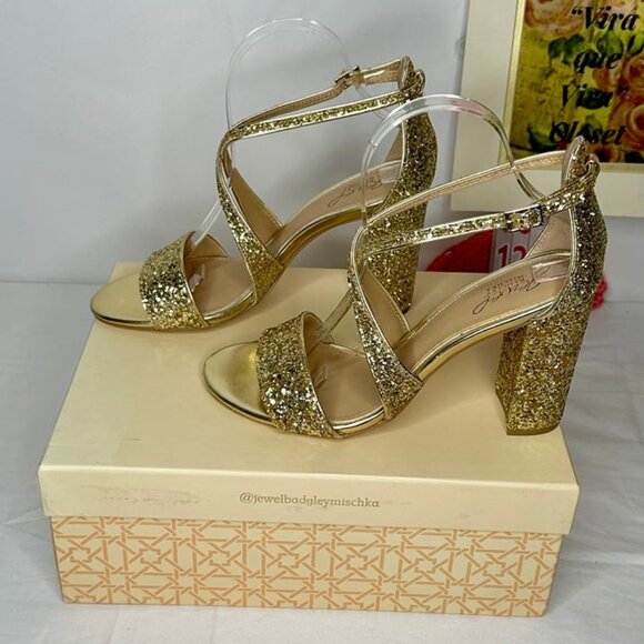 NWB Badgley Mischka Jewel Cook Metallic Gold Glitter Evening Sandals Size 9 - Picture 2 of 11